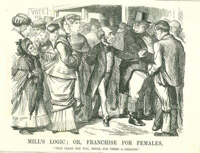 La Lógica de Mill: o, Franquicia para Mujeres: John Stuart Mill pidiendo a un indignado John Bull que deje paso a las mujeres para votar. La figura en primer plano, segunda desde la izquierda, es Lydia Ernestine Becker, defensora del sufragio femenino. Car de John Tenniel