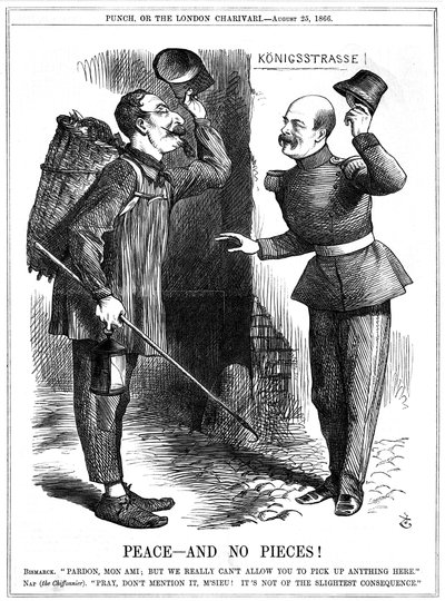 Napoleón III, Emperador de Francia 1852-1870, vestido como un recogedor de trapos (Chiffonnier), advertido por Otto von Bismarck, el Canciller prusiano de John Tenniel