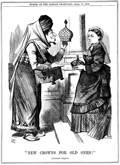 ¡Nuevas coronas por viejas!, Benjamin Disraeli ofreciendo la corona de la India a la Reina Victoria, 1876 de John Tenniel