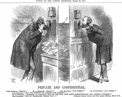 Apertura de la línea telefónica anglo-francesa. El Primer Ministro británico (Lord Salisbury) en conversación con el Presidente francés (Sadi Carnot) de John Tenniel