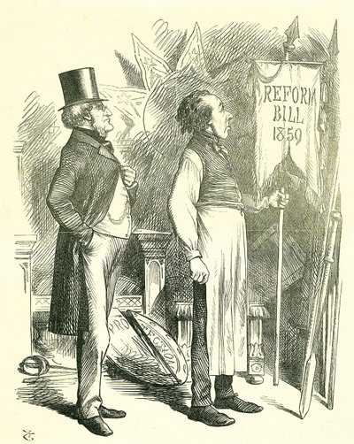 Economía Política: Reforma del Parlamento - extensión del sufragio. Disraeli (Canciller) y Derby (Primer Ministro) desempolvando el Proyecto de Reforma. En 1867 Disraeli introdujo un nuevo proyecto de ley de John Tenniel