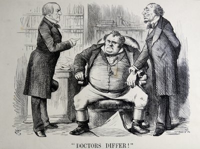 Sátira política que representa a William Ewart Gladstone, Benjamin Disraeli y John Bull de John Tenniel
