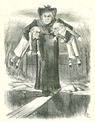 Anota dos y lleva uno: Gladstone, el primer ministro británico, en un dilema sobre cuál de los controvertidos proyectos de ley irlandeses desechar. Caricatura de John Tenniel de Punch, Londres, 3 de abril de 1886 de John Tenniel