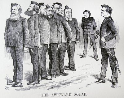 EL ESCUADRÓN TORPE. Caricatura de John Tenniel. Las dificultades que Disraeli tenía con diferentes opiniones en su gabinete sobre políticas en la Guerra Ruso/Turca de John Tenniel