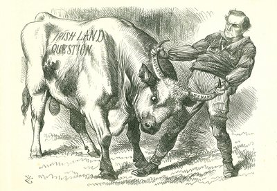 Tomando al Toro (Irlandés) por los Cuernos: Proyecto de ley aprobado por el Parlamento el 15 de febrero de 1870 y recibió la sanción real el 8 de julio. William Gladstone, Primer Ministro, tratando el tema. Caricatura de John Tenniel de 