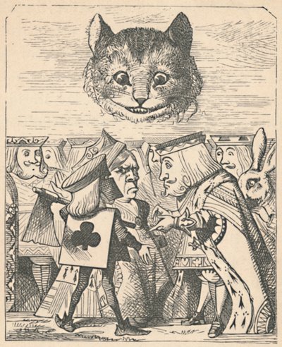 El Gato de Cheshire mirando al Rey Rojo y la Reina Roja discutiendo, 1889 de John Tenniel
