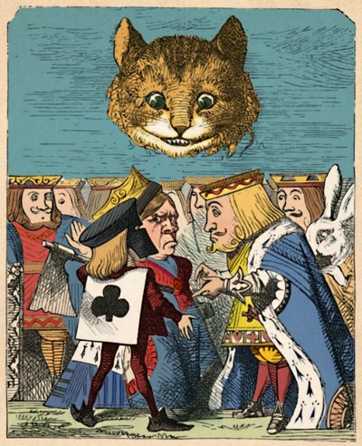 El gato de Cheshire mirando al Rey Rojo y la Reina Roja discutiendo, 1889 de John Tenniel