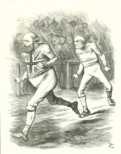 El final: Elecciones generales de 1886. Gladstone (liberal) se dirigió al país por su proyecto de ley de autonomía para Irlanda. Salisbury (oposición conservadora) vence a Gladstone en la línea de meta. Caricatura de John Tenniel de Punch, Londres de John Tenniel