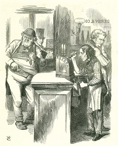 El Honesto Chico del Pot: Reforma del Parlamento - extensión del sufragio. Disraeli sirviendo la Reforma a John Bull observado por su oposición parlamentaria. Introdujo y aprobó su Proyecto de Reforma. Caricatura de Tenniel de Punch, Londres de John Tenniel