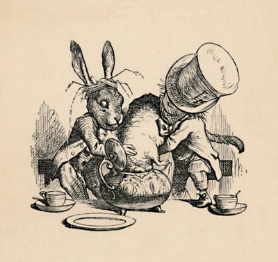 El Sombrerero Loco y la Liebre de Marzo tratando de meter al Lirón en una tetera, 1889 de John Tenniel