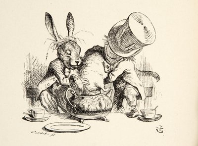 El Sombrerero Loco y la Liebre de Marzo metiendo al Lirón en la tetera, de Las aventuras de Alicia en el país de las maravillas de Lewis Carroll, publicado en 1891 de John Tenniel