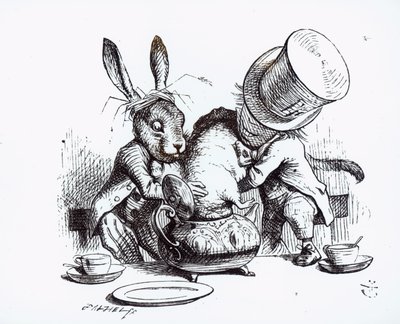 El Sombrerero Loco y la Liebre de Marzo poniendo al Lirón en la Tetera, ilustración de 