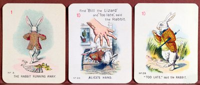 Tres cartas de la familia feliz que representan personajes de Alicia en el País de las Maravillas por Lewis Carroll de John Tenniel