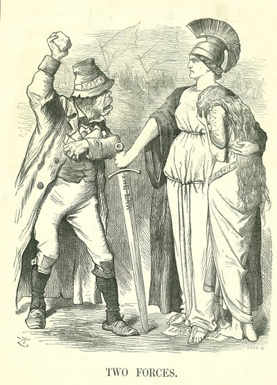 Dos Fuerzas: Liga de la Tierra Irlandesa proscrita. Britannia protege a Hibernia (Irlanda) con la Fuerza de la Ley contra la Fuerza de la Anarquía de John Tenniel
