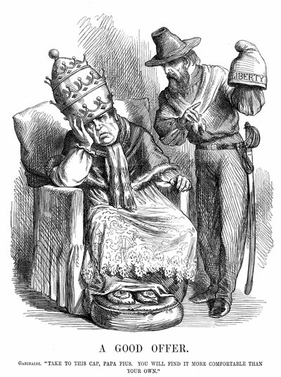 Unificación de Italia: Giuseppe Garibaldi (1807-1882) tratando de persuadir al Papa Pío IX de que el Gorro de la Libertad sería mucho más cómodo que la corona papal de John Tenniel