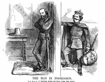 Unificación de Italia: Víctor Manuel II (1820-1878), primer rey de Italia desde febrero de 1861, llamando a la puerta de Nápoles que Garibaldi (1807-1882) con sus Camisas Rojas ha conquistado en nombre del nuevo Reino de Italia. Caricatura de John Tenniel  de John Tenniel