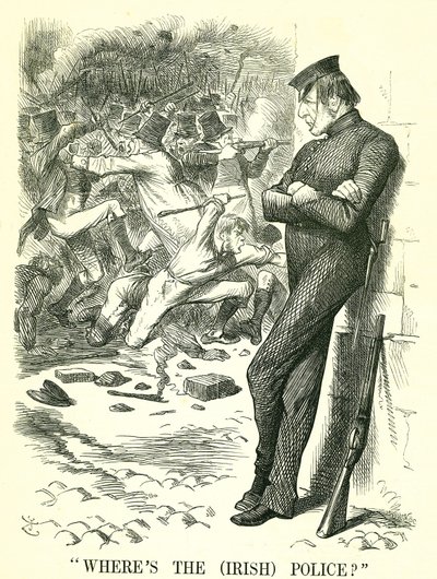 ¿Dónde está la policía (irlandesa)?: William Gladstone, primer ministro británico, observando los disturbios en Irlanda y esperando intervenir. En abril se aprobó una nueva Ley de Preservación de la Paz Irlandesa. Caricatura de John Tenniel para Punch, Lon de John Tenniel