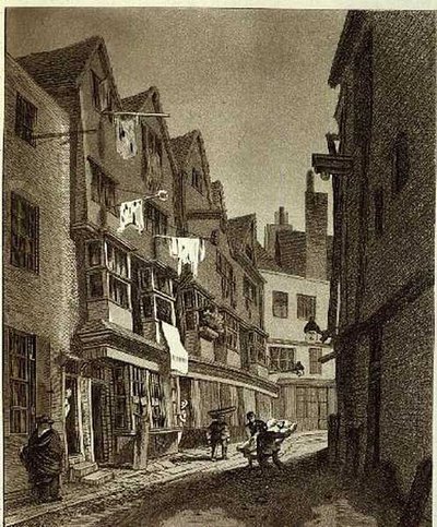 Vista del extremo sur de Thieving Lane (llamada Bow Street en los últimos años), dibujado en 1807, grabado por W.M. Fellows, pub. 1807 (grabado) de John Thomas (after) Smith