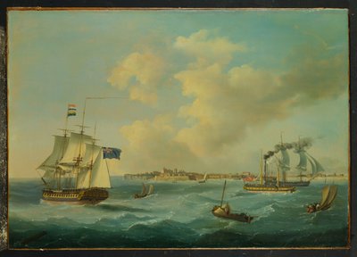 Una fragata de 44 cañones, un vapor de pasajeros y otros barcos frente a St. Peter Port, Guernsey, 1825 de John Thomas Serres