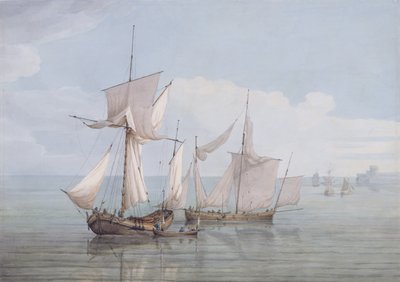 Un Hoy y un Lugger con otros barcos en un mar en calma de John Thomas Serres