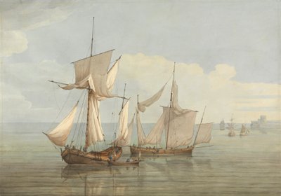 Un Hoy y un Lugger con otras embarcaciones en un mar en calma de John Thomas Serres