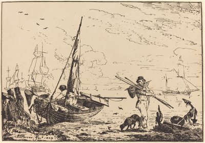 Marina: Barcos de pesca en la orilla, hombre con remos, barco en la distancia de John Thomas Serres