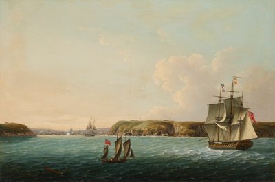 La costa y la entrada de Brest, con el HMS Boadicea haciendo señales a una fragata repetidora del número de buques franceses y españoles anclados en el puerto. de John Thomas Serres