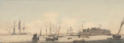 Vista de Castle Cornet, Guernsey, Islas del Canal, con embarcaciones de John Thomas Serres