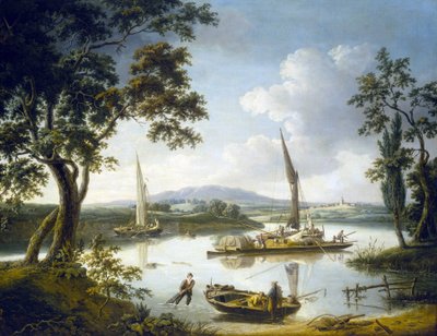 Vista del Támesis en Shillingford (Inglaterra), con la abadía de Dorchester en el horizonte. Óleo sobre lienzo de John Thomas Serres