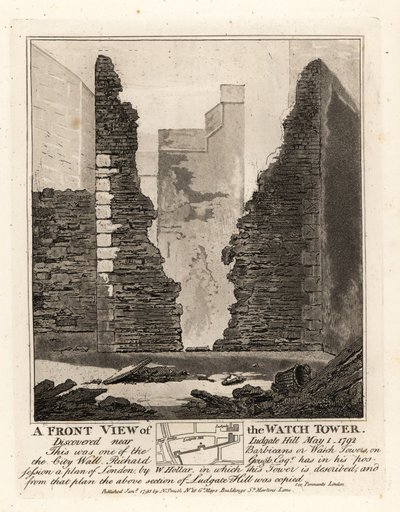 Vista frontal de la Torre de Vigilancia o Barbican en la Muralla de la Ciudad descubierta cerca de Ludgate Hill, 1 de mayo de 1792 de John Thomas Smith