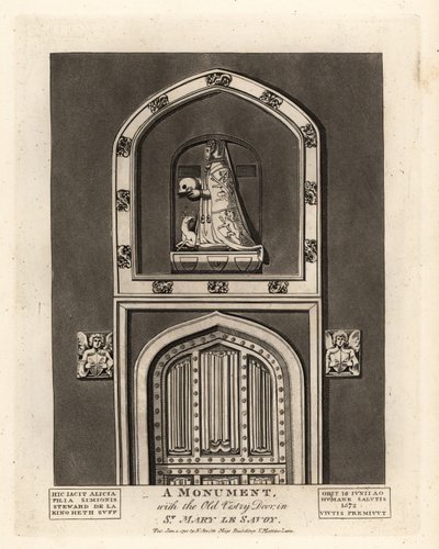 Efigie funeraria de Alicia, hija de Simon Steward, con la Puerta de la Antigua Sacristía en St Mary le Savoy de John Thomas Smith