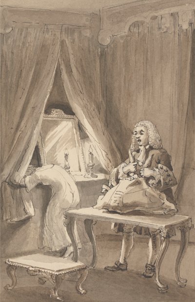 Hogarth, después de que su esposa se pusiera un camisón nuevo, ata sus cosas para enviárselas a Sir James Thornhill con una carta en la que le decía: "Llevó a su hija sin blusón a su A--e". de John Thomas Smith