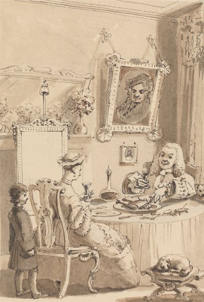 Hogarth bebiendo la primera copa de vino con su mujer - Sus perros guardan respetuosas distancias de John Thomas Smith