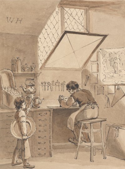 Hogarth grabando la factura de la tienda de su amo el Signo del Ángel de John Thomas Smith