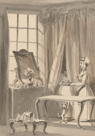 Hogarth ha preparado el desayuno y envía una taza a su esposa al mismo tiempo que ordena que la perrita sea admitida en la alcoba de su ama. de John Thomas Smith