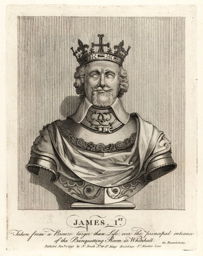 Rey Jacobo I de Inglaterra tomado de un busto de bronce sobre la entrada de la Sala de Banquetes en Whitehall de John Thomas Smith