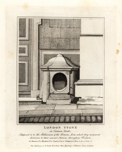 La Piedra de Londres en Cannon Street, supuesta milla romana o Milliarium de John Thomas Smith