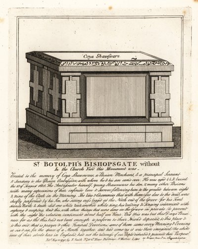 Monumento funerario estilo altar musulmán a Coya Shawsware, o Khwaja Shahsuwar (1582-1626), un comerciante y secretario de Nogdi beg el embajador persa, anteriormente en St Botolphs, Bishopsgate de John Thomas Smith