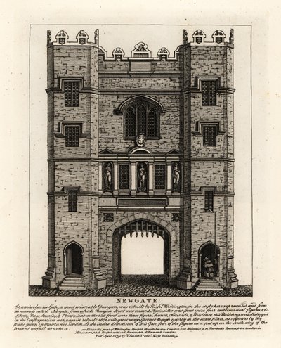 Newgate, reconstruida en 1672 después del Incendio de Londres, con tres figuras Justicia, Fortaleza y Prudencia del antiguo portal construido por el Alcalde de Londres Richard Whittington de John Thomas Smith