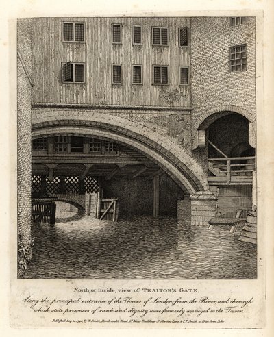 Vista norte o interior de la Puerta de los Traidores, entrada principal a la Torre de Londres desde el río Támesis de John Thomas Smith