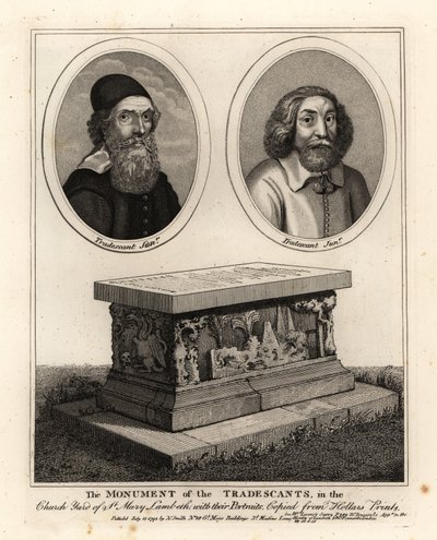 Retratos ovalados de los naturalistas y coleccionistas John Tradescant el Viejo y el Joven, y su monumento funerario en el cementerio de St Mary Lambeth de John Thomas Smith