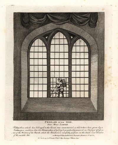 Vendedor ambulante y su perro en la vidriera de la iglesia de Saint Mary-at-Lambeth de John Thomas Smith