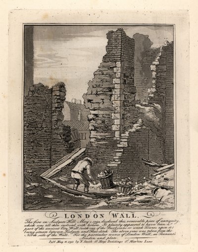 Ruinas del Muro Romano de Londres expuestas por el incendio de mayo de 1792 en Ludgate Hill de John Thomas Smith