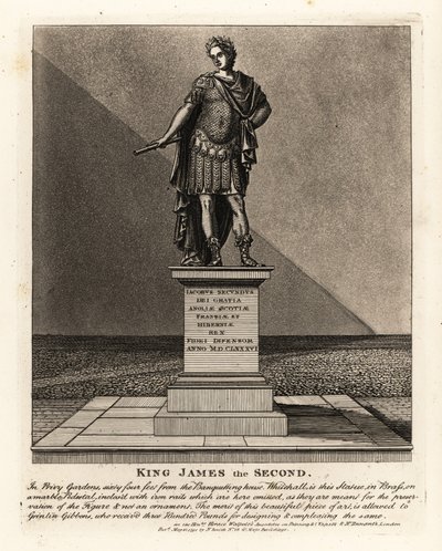 Estatua del Rey Jacobo II de Inglaterra con traje de emperador romano, Jacobus Seundus, diseñada por Grinlin Gibbons, en los Jardines Privados de John Thomas Smith