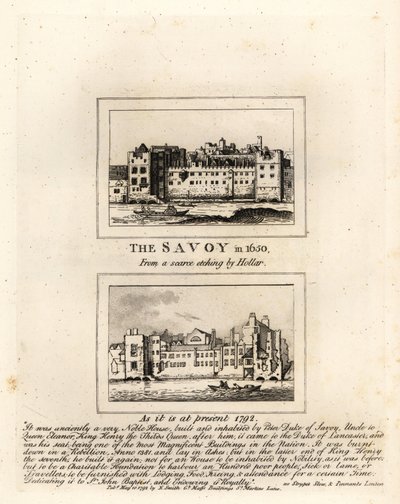 El Hospital Savoy en 1650 de una impresión de Wenceslaus Hollar y en ruinas en 1792 de John Thomas Smith
