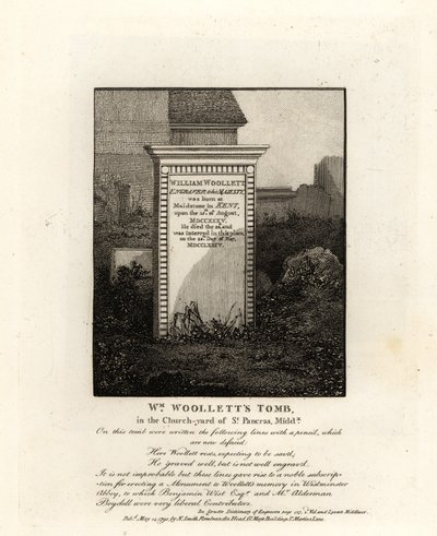 Tumba del grabador real William Woollett, fallecido en 1735, en el cementerio de St Pancras, Middlesex de John Thomas Smith