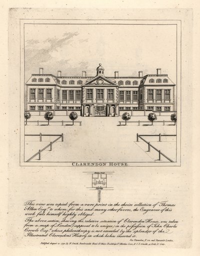 Vista de Clarendon House desde la calle St James, de una rara impresión en la colección de Thomas Allen de John Thomas Smith
