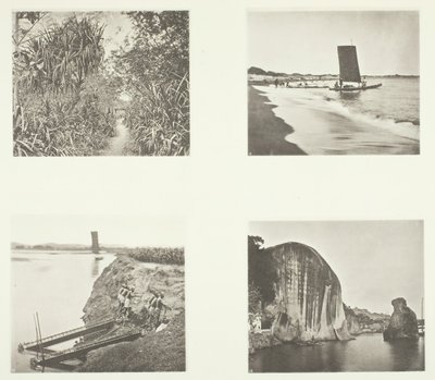 Un camino rural cerca de Taiwanfu, un catamarán, bombas de cadena, inscripciones en rocas, Amoy, c. 1868 de John Thomson