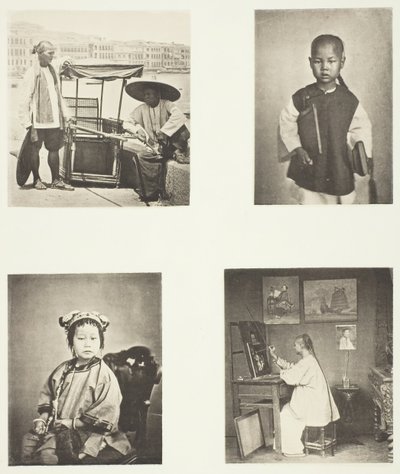 Una silla de manos de Hong Kong, un escolar chino, una niña china, un artista de Hong Kong, c. 1868 de John Thomson