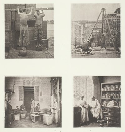 Enrollando té de alcaparra perfumado y pólvora, pesando té para exportación, una casa de té..., c. 1868 de John Thomson